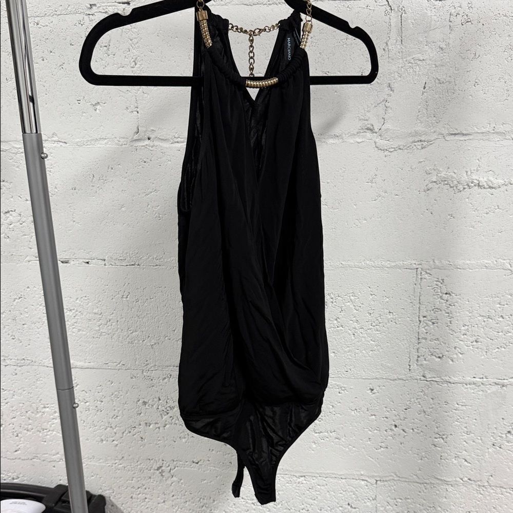 Marciano Black Bodysuit with Gold Chain Accent Top Low Cut Size XS Like NEW